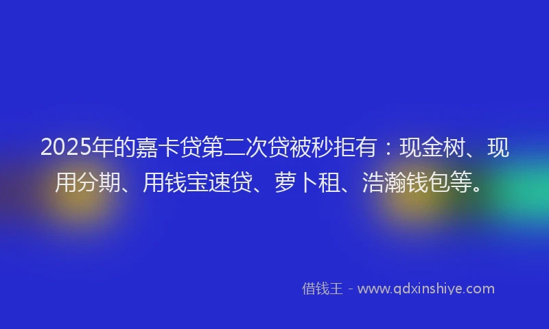 2025年的嘉卡贷第二次贷被秒拒有：现金树、现用分期、用钱宝速贷、萝卜租、浩瀚钱包等。