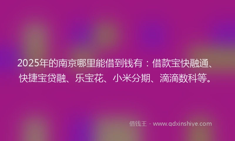 2025年的南京哪里能借到钱有：借款宝快融通、快捷宝贷融、乐宝花、小米分期、滴滴数科等。