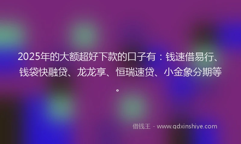 2025年的大额超好下款的口子有：钱速借易行、钱袋快融贷、龙龙享、恒瑞速贷、小金象分期等。
