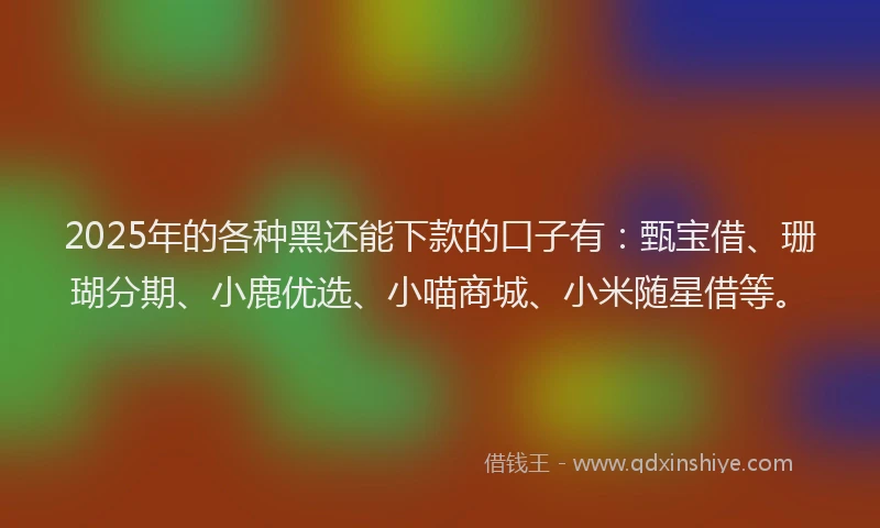 2025年的各种黑还能下款的口子有：甄宝借、珊瑚分期、小鹿优选、小喵商城、小米随星借等。