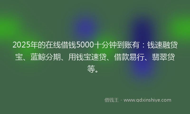 2025年的在线借钱5000十分钟到账有：钱速融贷宝、蓝鲸分期、用钱宝速贷、借款易行、翡翠贷等。