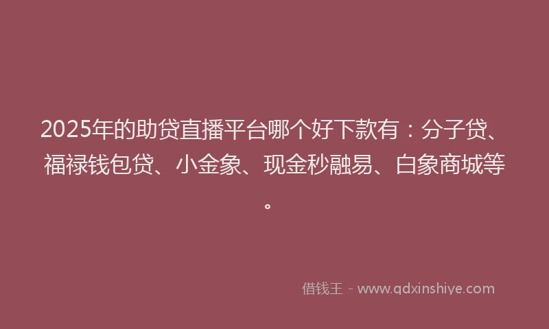 2025年的助贷直播平台哪个好下款有：分子贷、福禄钱包贷、小金象、现金秒融易、白象商城等。