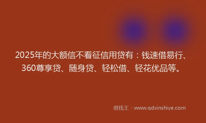2025年的大额信不看征信用贷有：钱速借易行、360尊享贷、随身贷、轻松借、轻花优品等。