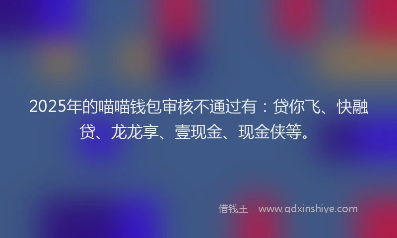 2025年的喵喵钱包审核不通过有：贷你飞、快融贷、龙龙享、壹现金、现金侠等。
