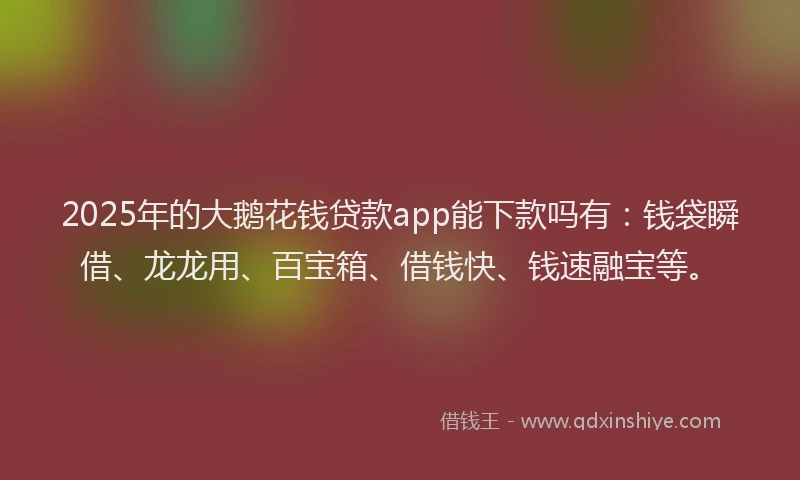 2025年的大鹅花钱贷款app能下款吗有：钱袋瞬借、龙龙用、百宝箱、借钱快、钱速融宝等。