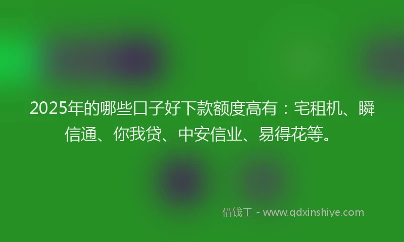 2025年的哪些口子好下款额度高有：宅租机、瞬信通、你我贷、中安信业、易得花等。