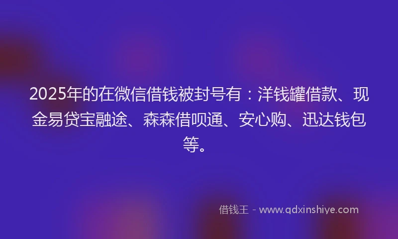 2025年的在微信借钱被封号有：洋钱罐借款、现金易贷宝融途、森森借呗通、安心购、迅达钱包等。