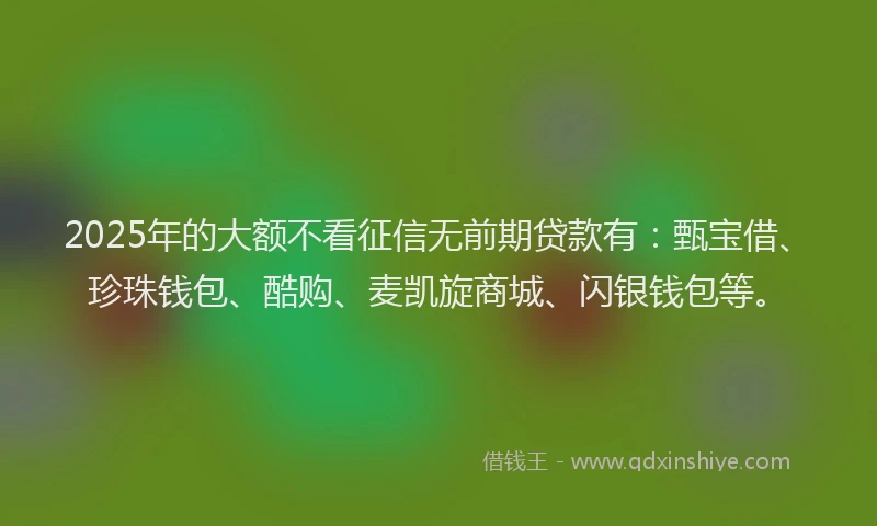 2025年的大额不看征信无前期贷款有：甄宝借、珍珠钱包、酷购、麦凯旋商城、闪银钱包等。
