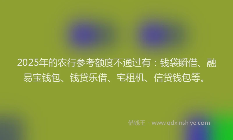 2025年的农行参考额度不通过有：钱袋瞬借、融易宝钱包、钱贷乐借、宅租机、信贷钱包等。