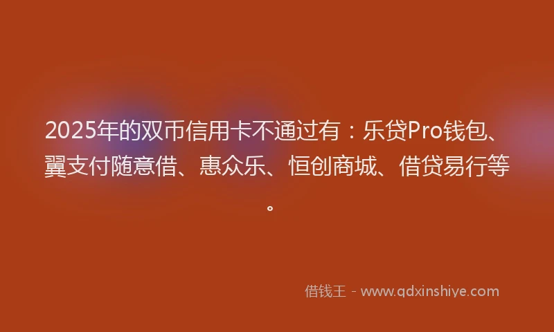 2025年的双币信用卡不通过有：乐贷Pro钱包、翼支付随意借、惠众乐、恒创商城、借贷易行等。
