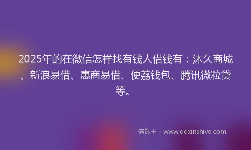 2025年的在微信怎样找有钱人借钱有：沐久商城、新浪易借、惠商易借、便荔钱包、腾讯微粒贷等。