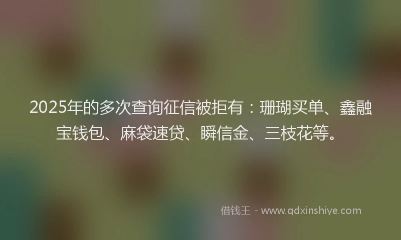 2025年的多次查询征信被拒有：珊瑚买单、鑫融宝钱包、麻袋速贷、瞬信金、三枝花等。
