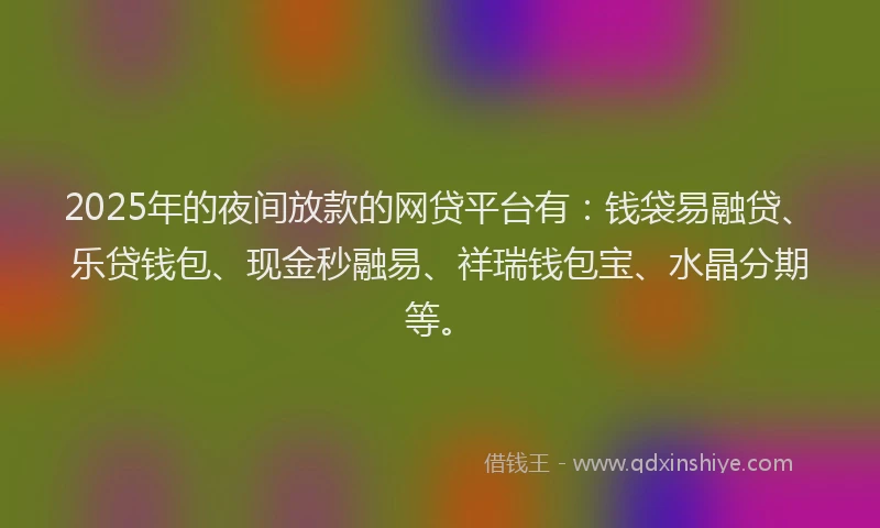 2025年的夜间放款的网贷平台有：钱袋易融贷、乐贷钱包、现金秒融易、祥瑞钱包宝、水晶分期等。