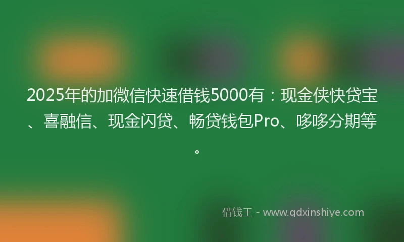 2025年的加微信快速借钱5000有：现金侠快贷宝、喜融信、现金闪贷、畅贷钱包Pro、哆哆分期等。