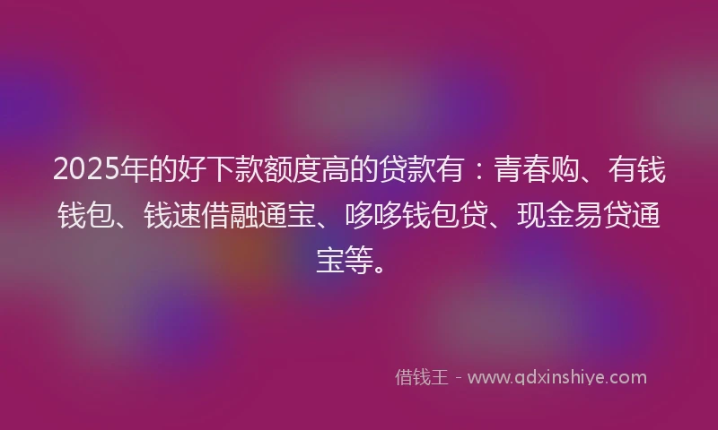 2025年的好下款额度高的贷款有：青春购、有钱钱包、钱速借融通宝、哆哆钱包贷、现金易贷通宝等。