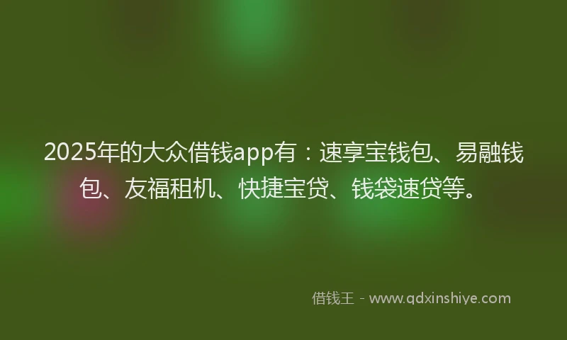 2025年的大众借钱app有：速享宝钱包、易融钱包、友福租机、快捷宝贷、钱袋速贷等。