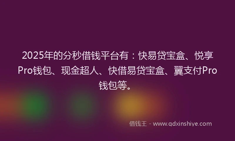 2025年的分秒借钱平台有：快易贷宝盒、悦享Pro钱包、现金超人、快借易贷宝盒、翼支付Pro钱包等。