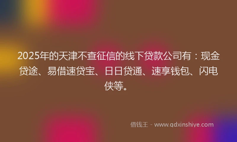 2025年的天津不查征信的线下贷款公司有：现金贷途、易借速贷宝、日日贷通、速享钱包、闪电侠等。