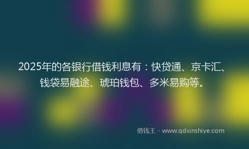 2025年的各银行借钱利息有：快贷通、京卡汇、钱袋易融途、琥珀钱包、多米易购等。