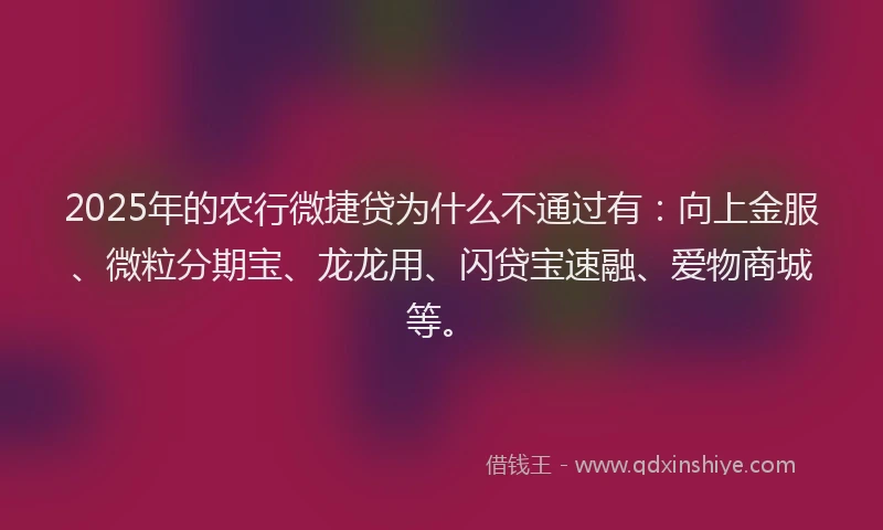 2025年的农行微捷贷为什么不通过有：向上金服、微粒分期宝、龙龙用、闪贷宝速融、爱物商城等。