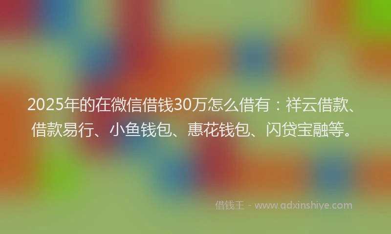 2025年的在微信借钱30万怎么借有:祥云借款、借款易行、小鱼钱包、惠花钱包、闪贷宝融等。