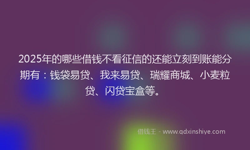 2025年的哪些借钱不看征信的还能立刻到账能分期有：钱袋易贷、我来易贷、瑞耀商城、小麦粒贷、闪贷宝盒等。