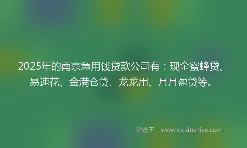 2025年的南京急用钱贷款公司有：现金蜜蜂贷、易速花、金满仓贷、龙龙用、月月盈贷等。