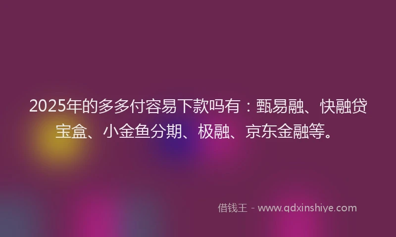 2025年的多多付容易下款吗有：甄易融、快融贷宝盒、小金鱼分期、极融、京东金融等。