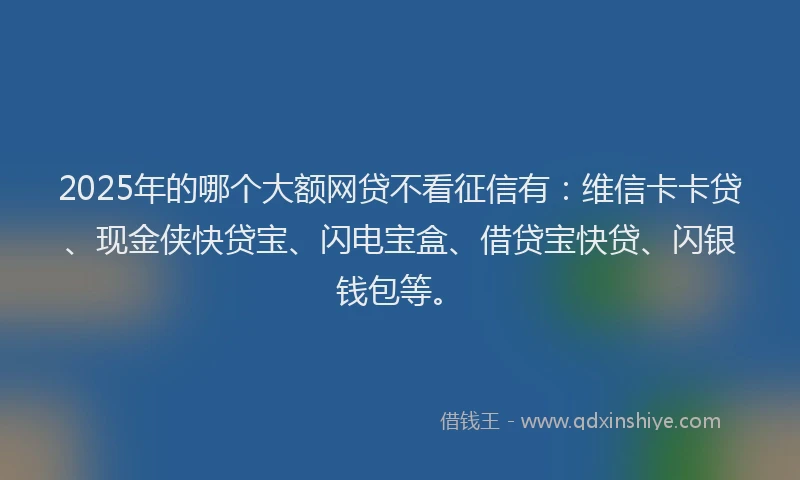 2025年的哪个大额网贷不看征信有：维信卡卡贷、现金侠快贷宝、闪电宝盒、借贷宝快贷、闪银钱包等。
