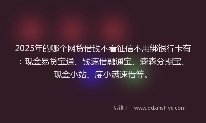 2025年的哪个网贷借钱不看征信不用绑银行卡有：现金易贷宝通、钱速借融通宝、森森分期宝、现金小站、度小满速借等。