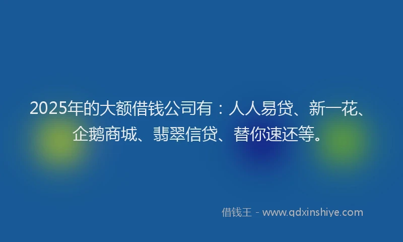 2025年的大额借钱公司有：人人易贷、新一花、企鹅商城、翡翠信贷、替你速还等。