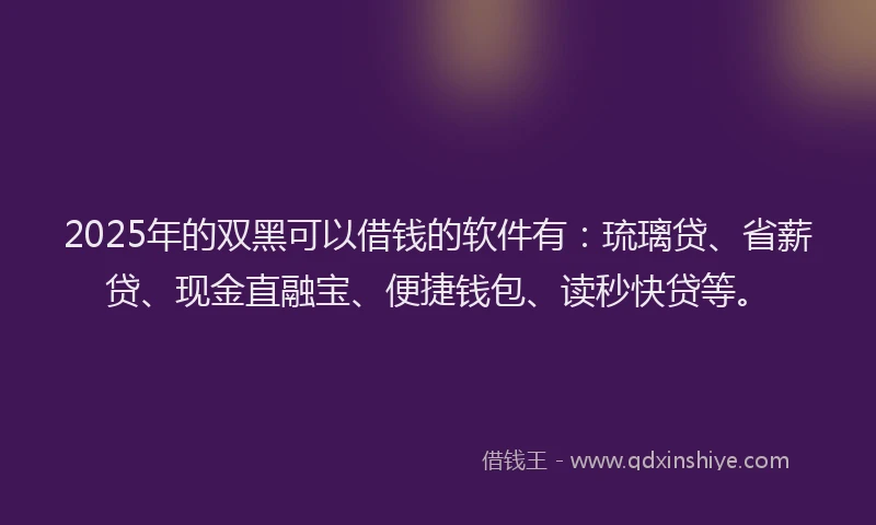 2025年的双黑可以借钱的软件有：琉璃贷、省薪贷、现金直融宝、便捷钱包、读秒快贷等。