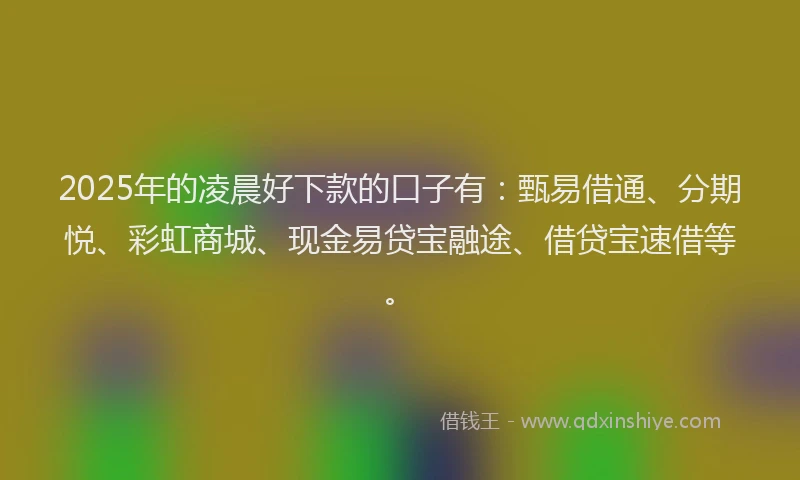 2025年的凌晨好下款的口子有：甄易借通、分期悦、彩虹商城、现金易贷宝融途、借贷宝速借等。