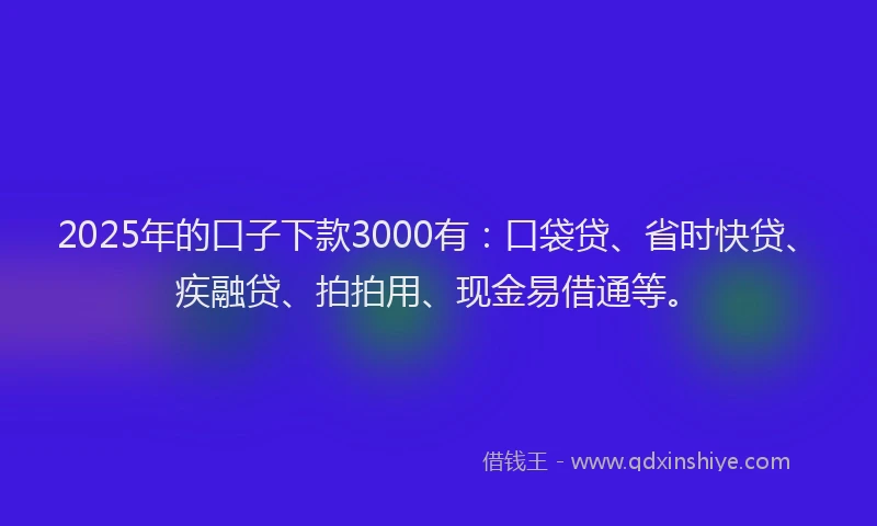 2025年的口子下款3000有：口袋贷、省时快贷、疾融贷、拍拍用、现金易借通等。