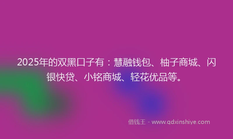 2025年的双黑口子有：慧融钱包、柚子商城、闪银快贷、小铭商城、轻花优品等。