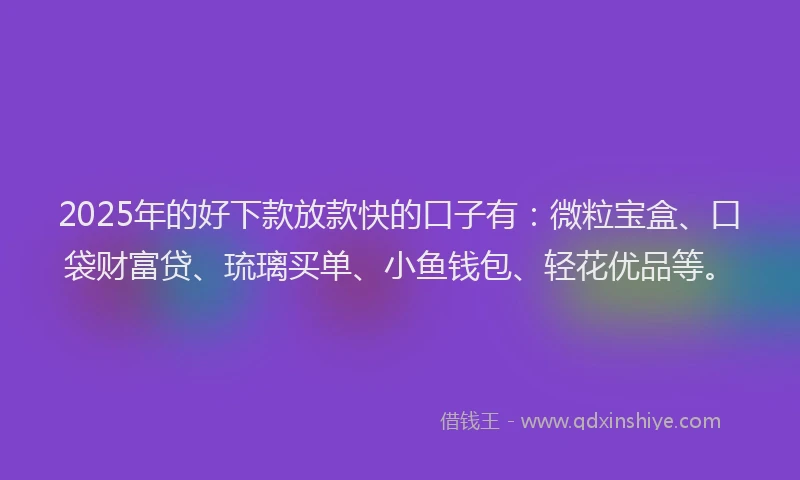 2025年的好下款放款快的口子有：微粒宝盒、口袋财富贷、琉璃买单、小鱼钱包、轻花优品等。