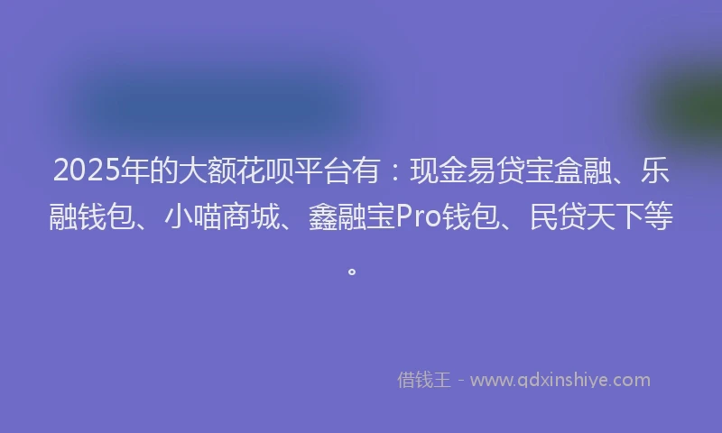 2025年的大额花呗平台有：现金易贷宝盒融、乐融钱包、小喵商城、鑫融宝Pro钱包、民贷天下等。