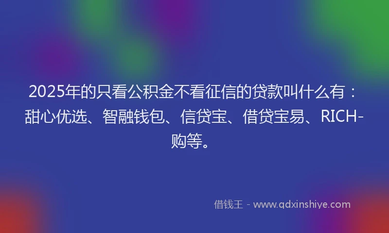 2025年的只看公积金不看征信的贷款叫什么有：甜心优选、智融钱包、信贷宝、借贷宝易、RICH-购等。