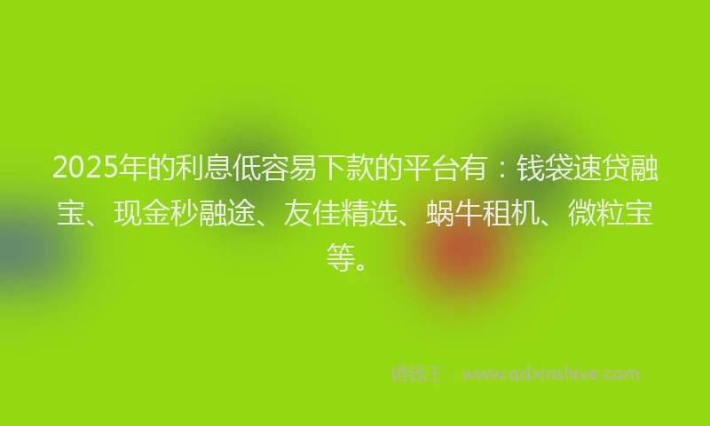 2025年的利息低容易下款的平台有：钱袋速贷融宝、现金秒融途、友佳精选、蜗牛租机、微粒宝等。