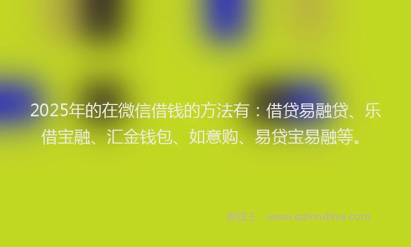 2025年的在微信借钱的方法有:借贷易融贷、乐借宝融、汇金钱包、如意购、易贷宝易融等。