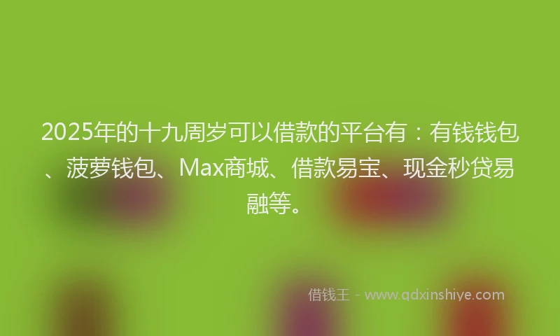 2025年的十九周岁可以借款的平台有：有钱钱包、菠萝钱包、Max商城、借款易宝、现金秒贷易融等。