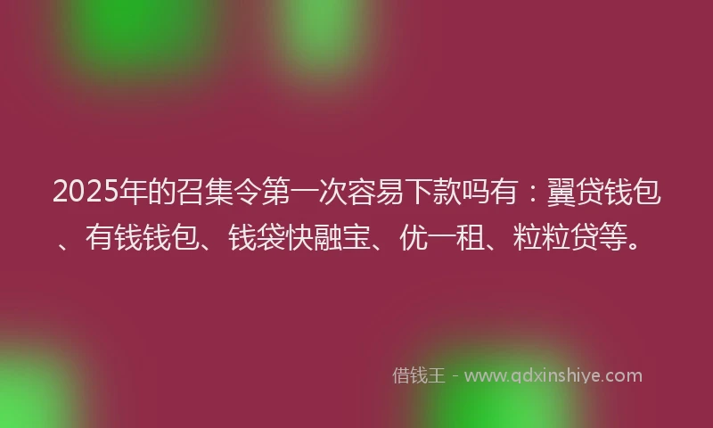 2025年的召集令第一次容易下款吗有：翼贷钱包、有钱钱包、钱袋快融宝、优一租、粒粒贷等。