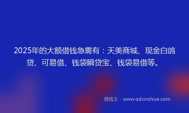 2025年的大额借钱急需有：天美商城、现金白鸽贷、可易借、钱袋瞬贷宝、钱袋易借等。