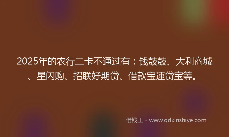 2025年的农行二卡不通过有：钱鼓鼓、大利商城、星闪购、招联好期贷、借款宝速贷宝等。