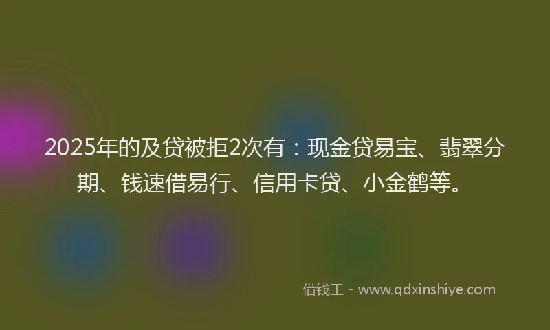 2025年的及贷被拒2次有：现金贷易宝、翡翠分期、钱速借易行、信用卡贷、小金鹤等。