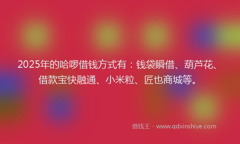 2025年的哈啰借钱方式有：钱袋瞬借、葫芦花、借款宝快融通、小米粒、匠也商城等。