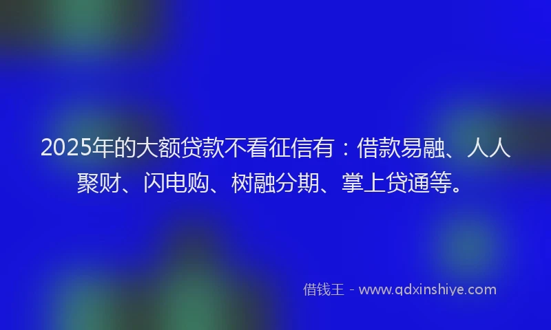2025年的大额贷款不看征信有：借款易融、人人聚财、闪电购、树融分期、掌上贷通等。
