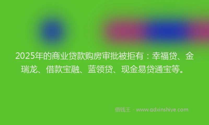 2025年的商业贷款购房审批被拒有：幸福贷、金瑞龙、借款宝融、蓝领贷、现金易贷通宝等。