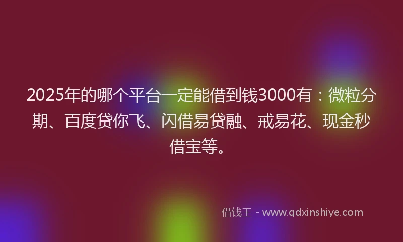2025年的哪个平台一定能借到钱3000有：微粒分期、百度贷你飞、闪借易贷融、戒易花、现金秒借宝等。