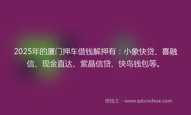 2025年的厦门押车借钱解押有：小象快贷、喜融信、现金直达、紫晶信贷、快鸟钱包等。